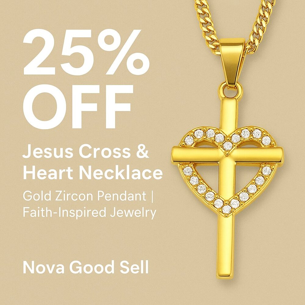Jesus Cross & Heart Necklace – Gold Zircon Pendant | Faith-Inspired Jewelry